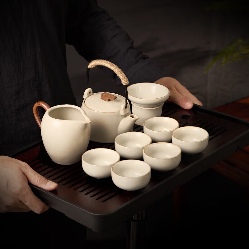 八千行茶具整套带茶盘中式功夫泡茶套装汝窑盖碗高档陶瓷茶杯办公室家用 米黄汝窑提梁壶 9头