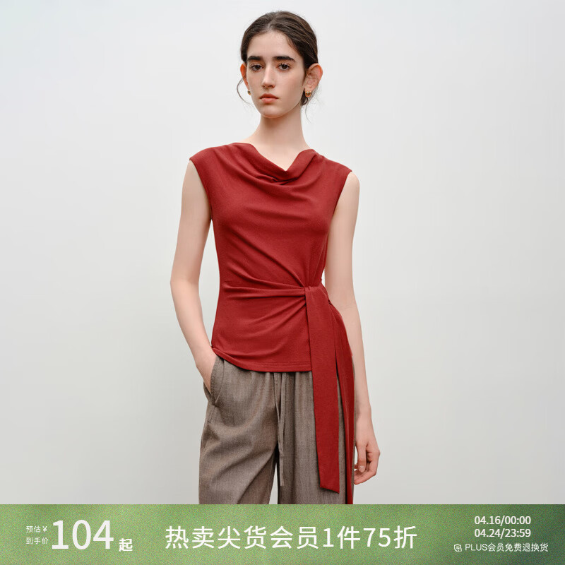 自巧5A抑菌料 小个子设计感荡领针织t恤女2026夏季新款无袖上衣 石榴红 M （尺码：4）