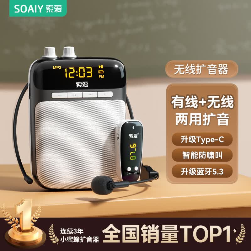 索爱（soaiy）S518FM无线小蜜蜂扩音器教师专用蓝牙音箱音响老师教学讲喇叭腰挂麦克风导游喊话礼物U盘收音机 黑