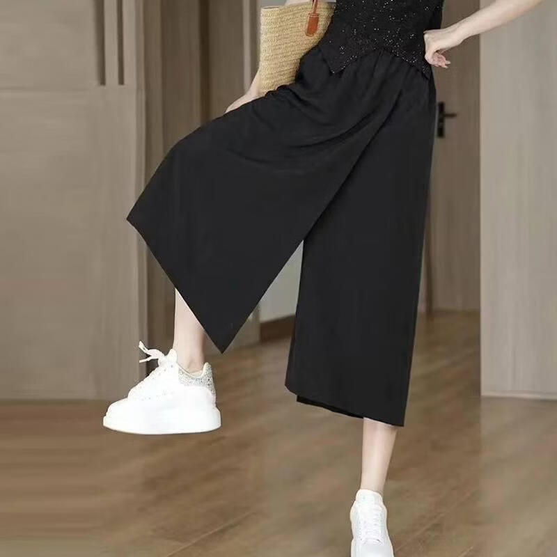 【轻奢爆款】薄款冰丝休闲裙裤2026小个子八分裤垂感显瘦阔腿女裤 黑色【八分裙裤】 2XL 【建议140-160斤】