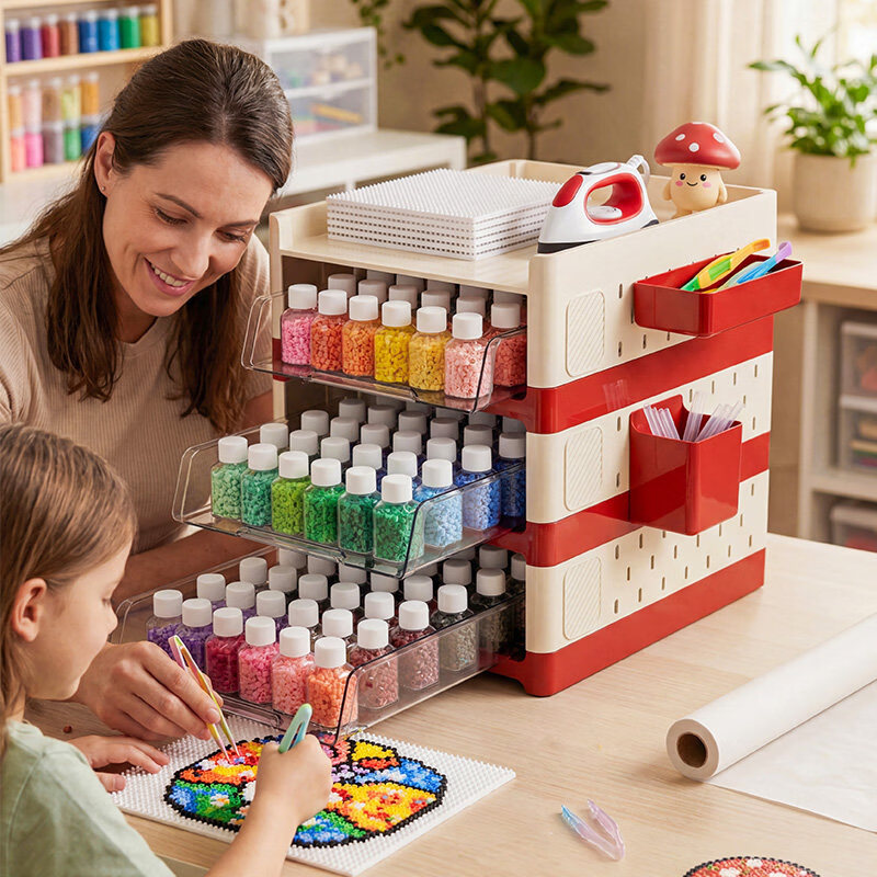 艾仕可（ASCOR）拼豆收纳盒桌面小杂物整理分装盒家用高颜值颗粒零件工具收纳神器 奶油色二层/苹果红【赠送2个收纳盒】