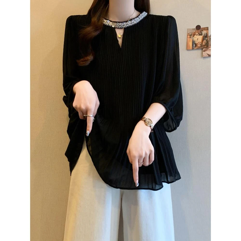 【商场品质】高级感轻奢重工镶钻雪纺衫女装夏季2026新款大码胖mm 黑色 3XL (建议120-135斤)