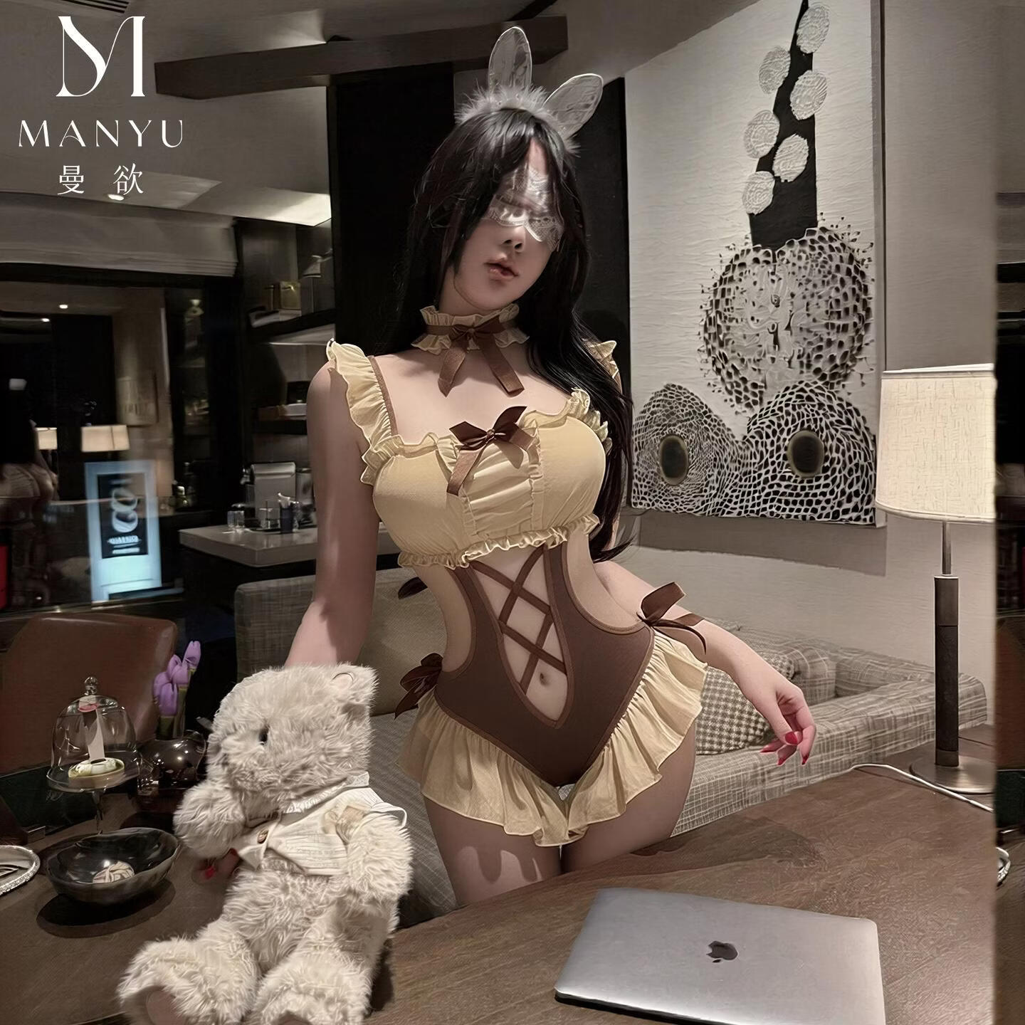 情趣内衣性感开裆连体衣小熊制服qqny调情睡衣诱惑套装女9678 棕色+白眼罩+白边袜 大码【120-140斤】