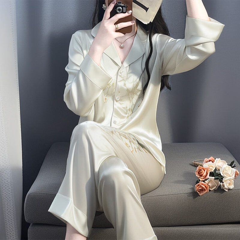 德莉娅2026新款新中式国风真丝睡衣女春秋长袖薄款可外穿桑蚕丝家居服 绿影竹林 【礼盒装】 XL 建议【120-140斤】