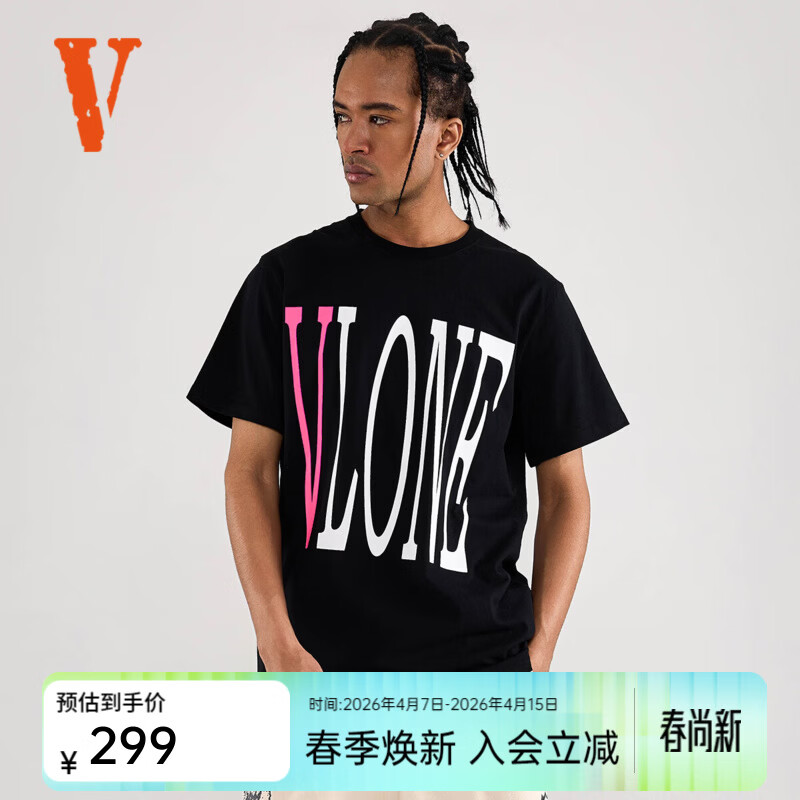 VLONE【StapleHoodle】春夏男女同款经典大LOGO美潮纯棉男士短袖T恤 黑粉-经典大V款 L