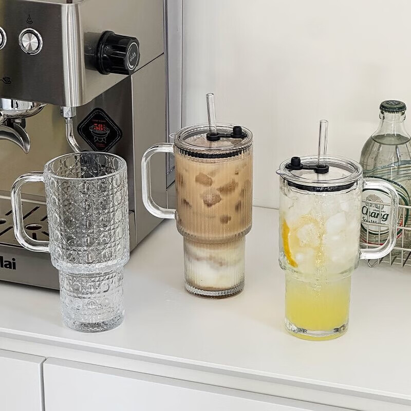 亚创优品+大容量玻璃吸管杯带把手冰美式拿铁咖啡杯果茶杯办公室带盖水杯子 宝石纹单杯