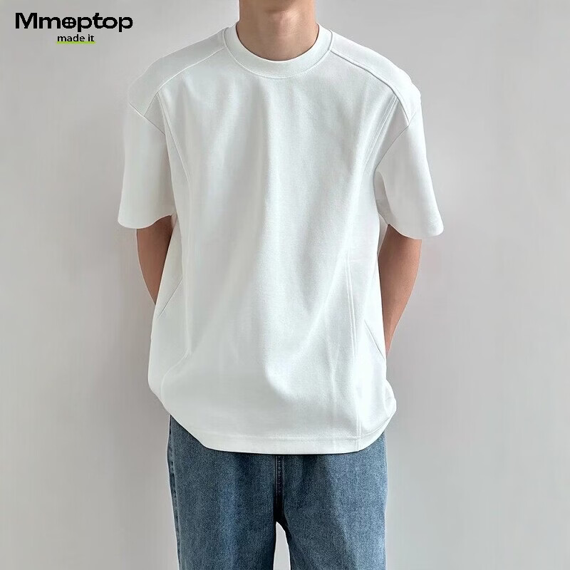MMOPTOP美式复古重磅棉正肩T恤男夏季宽松简约打底百搭短袖MTX43白色XL