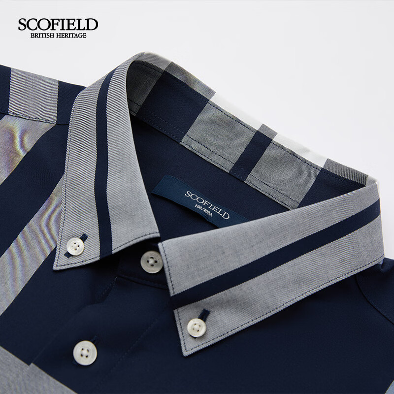 Scofield男装26年夏季新款100%翻领通勤休闲舒适格纹短袖衬衫男 藏青色 2XL (185)