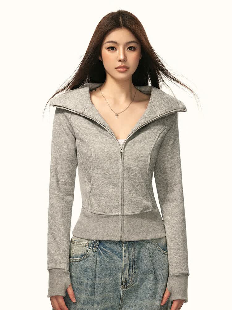 Aaisup美式辣妹修身连帽卫衣女春秋设计感小众收腰显瘦开衫SN2242 灰色 M
