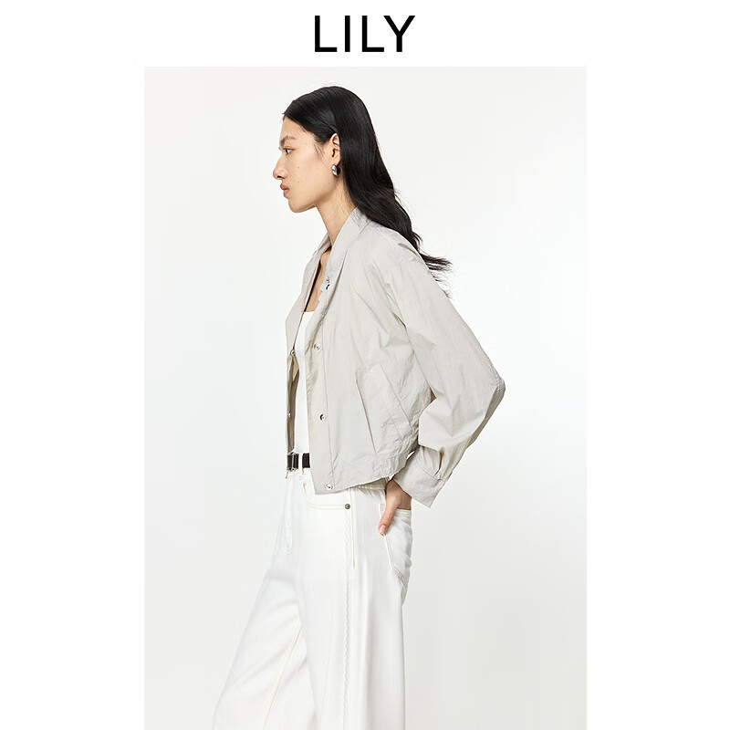 LILY2026夏新款简约帅气翻领立领休闲通勤百搭纯色夹克外套女短款 505浅灰 M