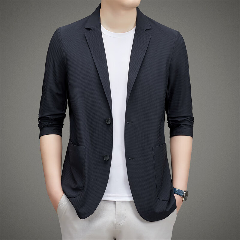 2026夏季薄款男士西服外套商务休闲上衣西装外套男 藏青 XL 【建议体重140-160斤左右】