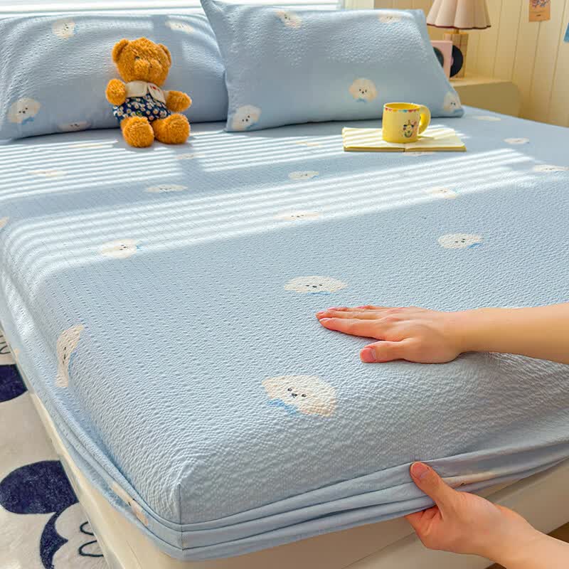 雅鹿A类双层纱床笠床罩单件席梦思床垫保护套罩宿舍全包床单四季通用 蓝色领结狗【A类面料 软糯松软】 150x200cm-单床笠