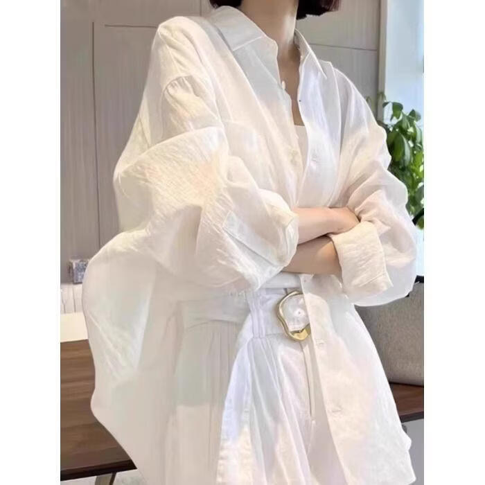 【源头直采】透气棉麻防晒长袖衬衫女夏季薄宽松显瘦休闲百搭上衣 C131白色亚麻棉麻衬衫 3XL 建议170-190斤