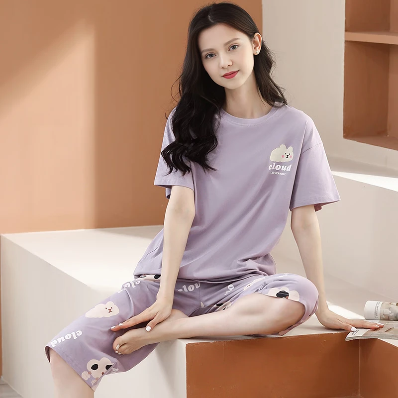 芬腾睡衣女士纯棉夏季薄款短袖七分裤休闲夏天清新熊猫家居服套装 FX25290214香芋紫 2XL 建议145-160斤