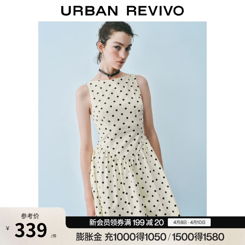 UR秋季新款女装法式波点蝴蝶结装饰无袖连衣裙UWG750189 米白印花 S