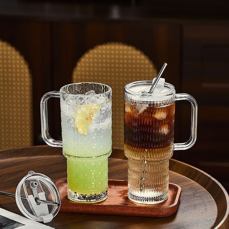 亚创优品+大容量玻璃吸管杯带把手冰美式拿铁咖啡杯果茶杯办公室带盖水杯子 宝石纹单杯