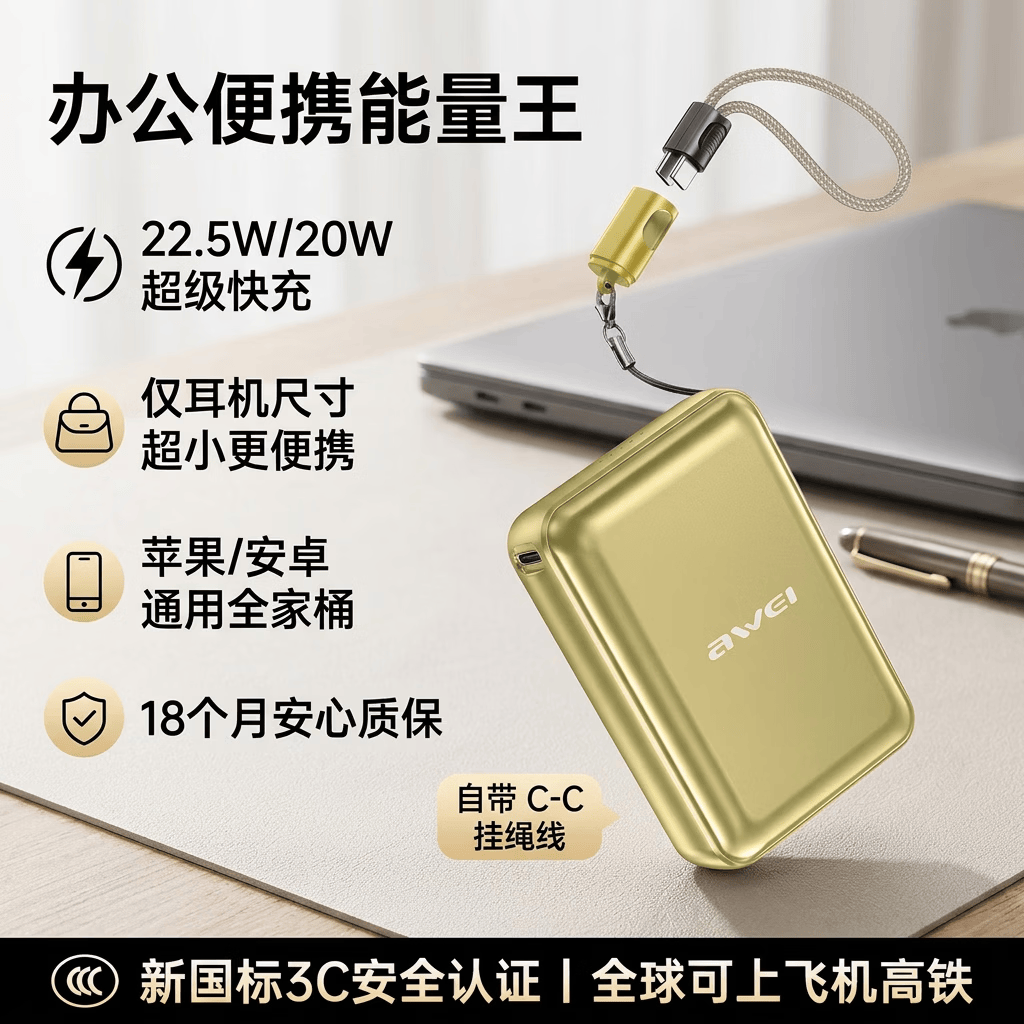 用维(AWEI)26年新款【3C认证|可上飞机】20000毫安自带线充电宝铝合金2W大容量22w快充移动电源小巧便携 钛金【顶配20000毫安】C-C挂绳线 【18个月质保 | 只换不修】赠C-L转接头