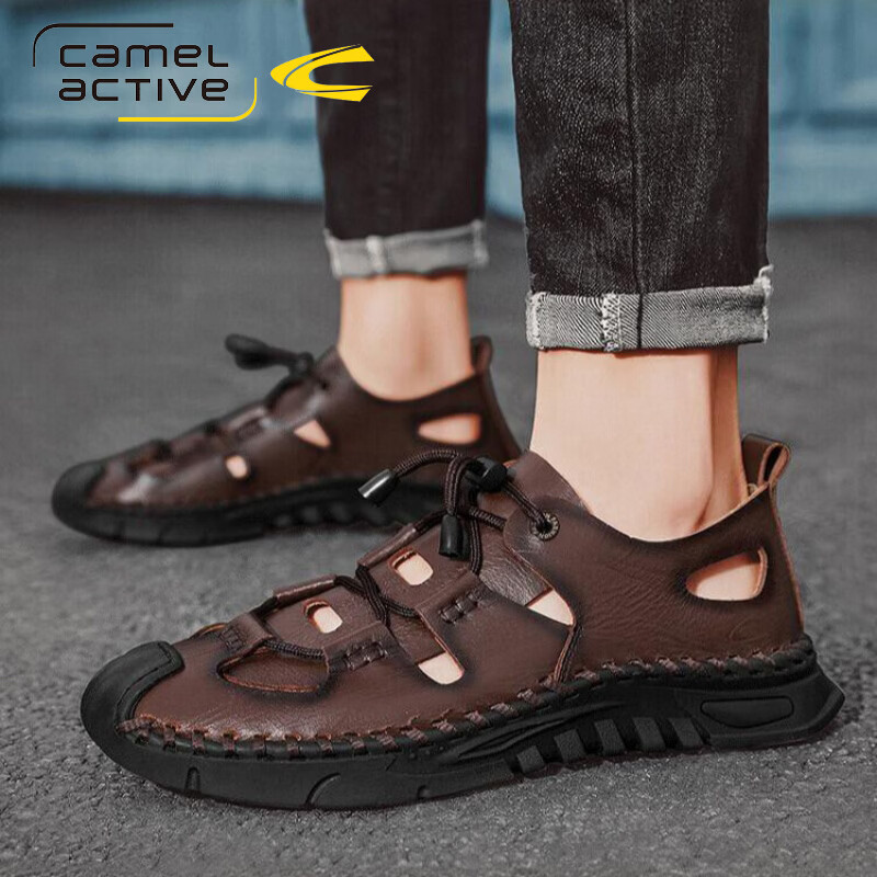 骆驼动感(camel active)夏季新款男鞋真牛皮舒适透气包头凉鞋男时尚休闲外穿洞洞鞋沙滩鞋 暗棕 39 (245mm)