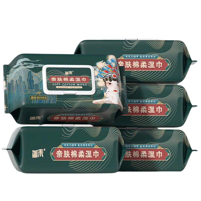 简禾纯水湿巾带盖抽取手口清洁湿巾大包家用婴儿手口湿纸巾 加大加厚【国风款】 80抽 5包