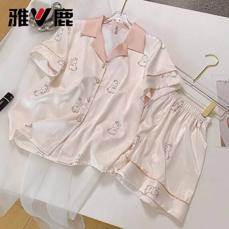 雅鹿三件套夏天冰丝睡衣女短袖短裤加肥加大码胖mm甜美绸缎家居服套装 三件套-白色兔子 XL 建议110-125斤
