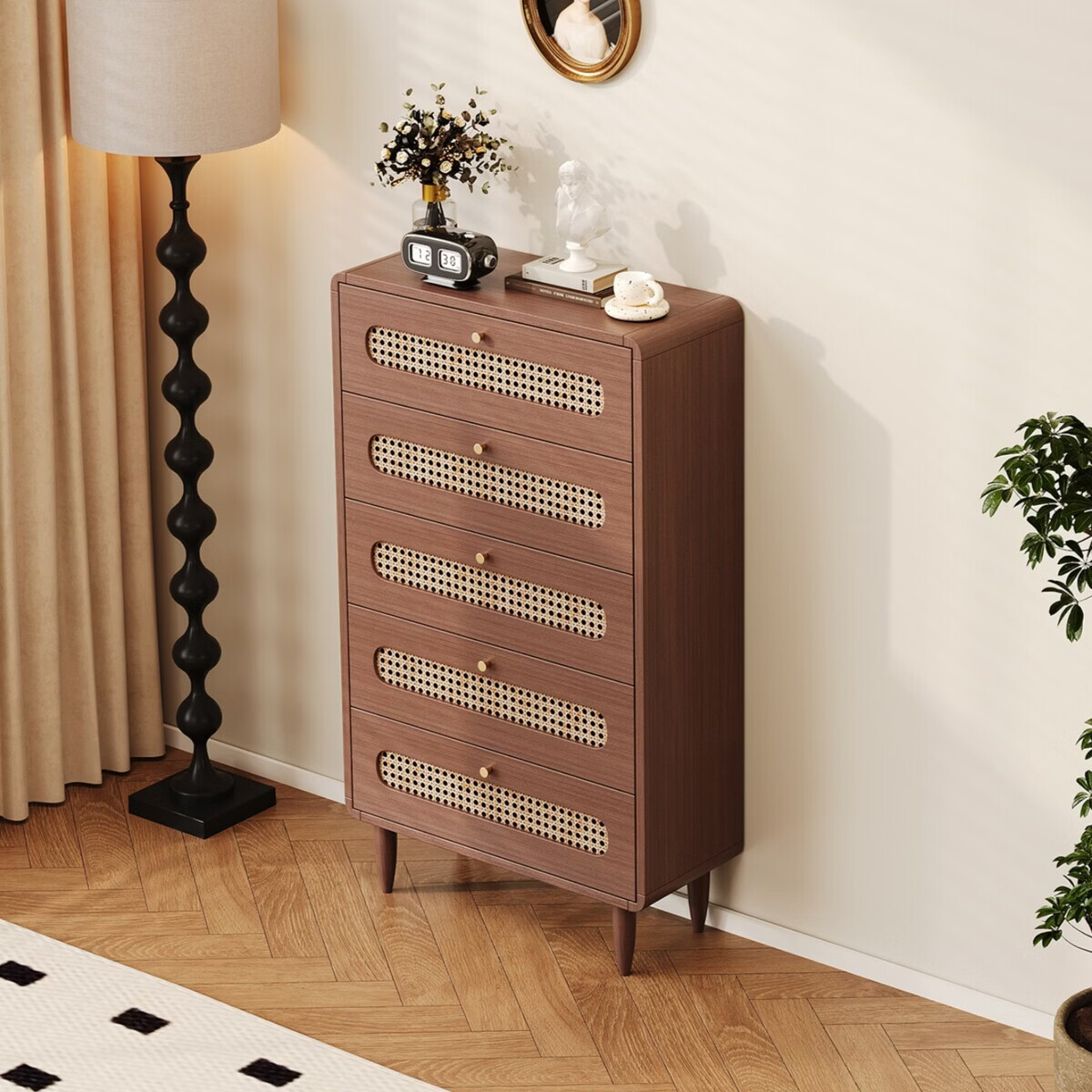 溥畔风五斗柜客厅靠墙储物柜多层收纳柜立柜电视柜旁小边柜 [复古白] 有送装服务