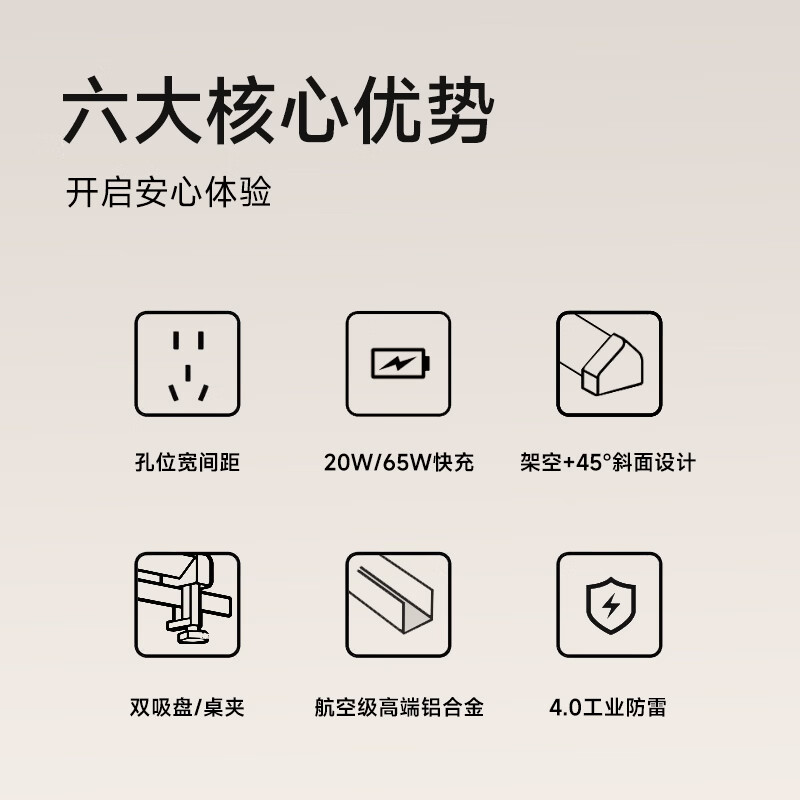 德木（DEMU）桌面排插插座 立式吸盘桌面插座 宿舍家用办公书桌插线板 桌夹插排/排插/拖线板/插板接线板 吸盘桌夹两用 木纹丨4孔+65W快充1A2C+2米线+计量显示屏