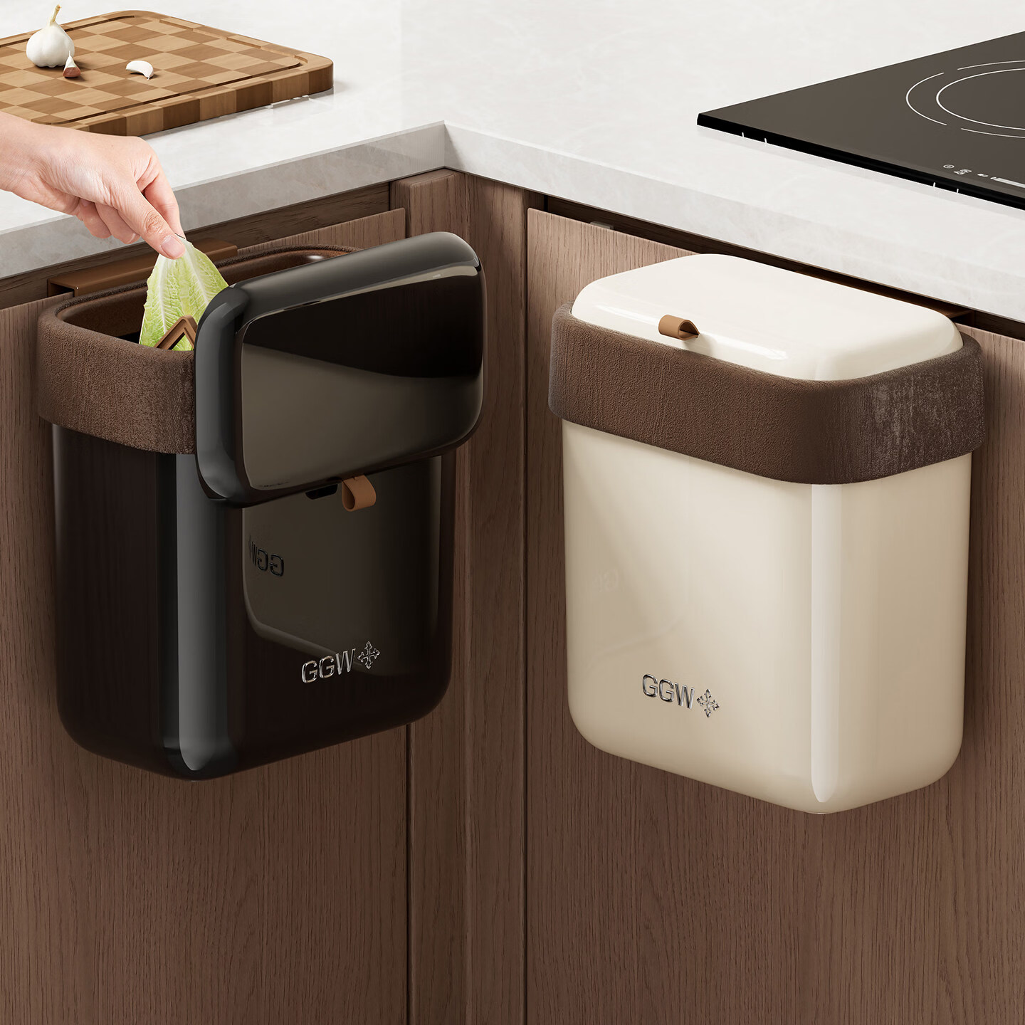 艾仕可（ASCOR）厨房专用垃圾桶挂式壁挂2026新款家用高颜值厨余卫生间厕所悬挂式 胡桃木纹-壁挂垃圾桶-奶油白【小号9L】