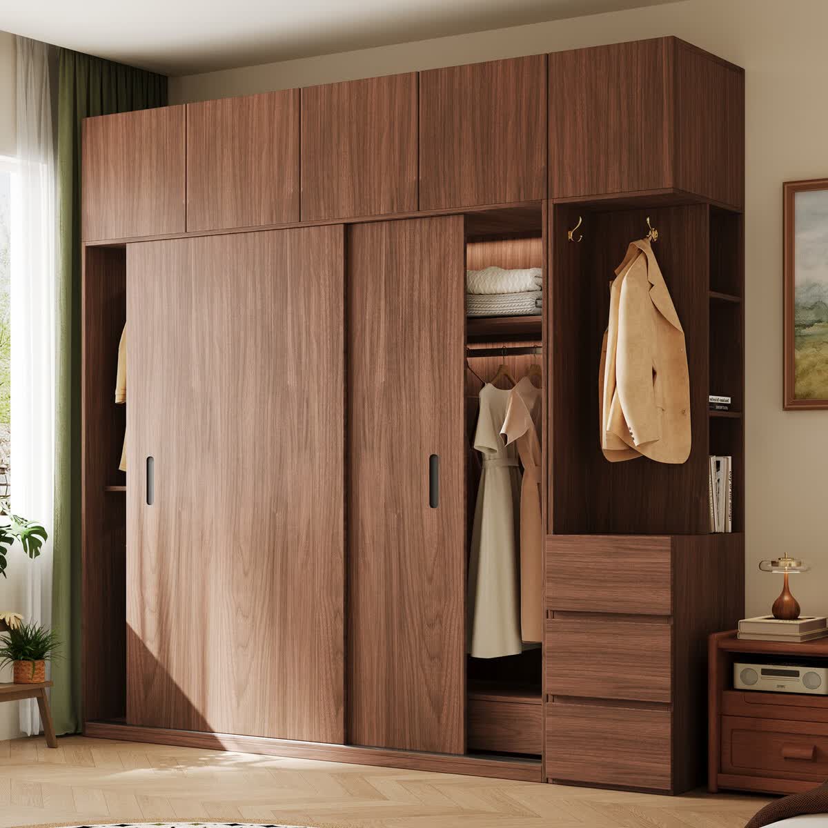 溥畔2026新款爆款欧松板推拉门衣柜卧室收纳柜子小户型移滑门衣橱 2.0米二门衣柜+顶柜+边柜[2.58米高]（三抽