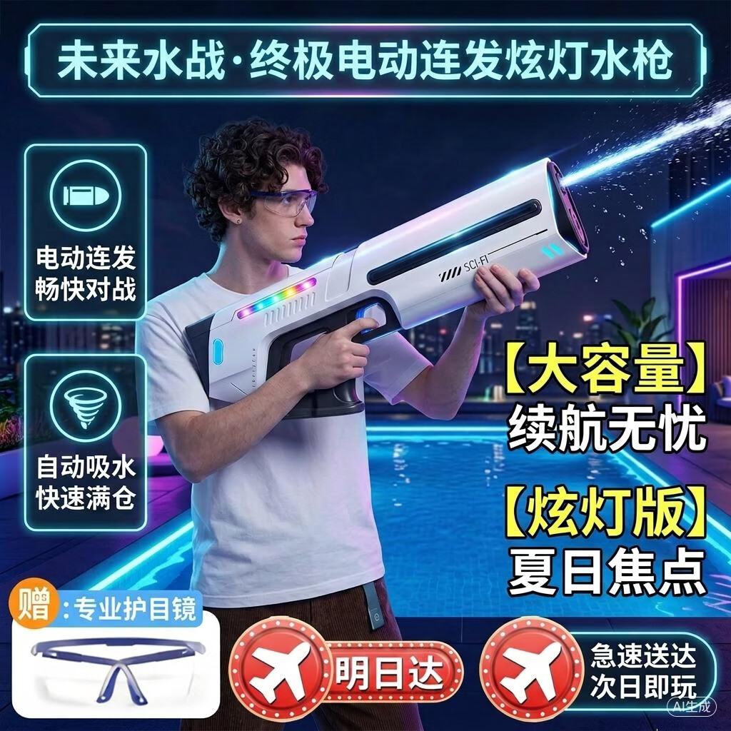 活石自动吸水电动水枪戏水玩具高压儿童连发滋喷呲水枪强力3-6-8-12岁 充电动力白【电动吸水+全防水+脉冲灯+护目镜】 泼水节水枪打水仗超大号玩水神器自动连发