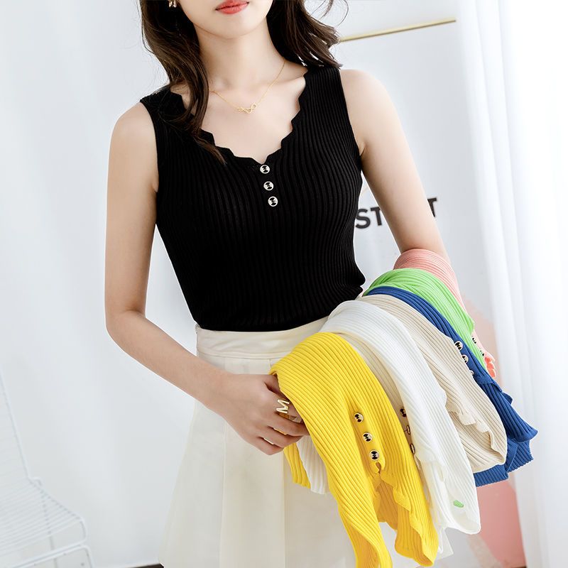 YUNTH夏装冰丝吊带针织背心女美背宽松百搭无袖大码韩版打底V领显瘦 黑色不掉色 XS 建议80-90斤