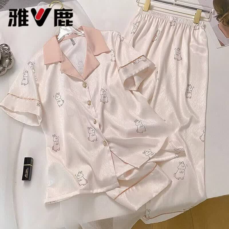 雅鹿三件套夏天冰丝睡衣女短袖短裤加肥加大码胖mm甜美绸缎家居服套装 三件套-白色兔子 XL 建议110-125斤