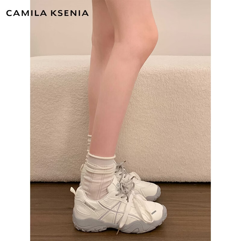 CAMILA KSENIA老爹鞋女士2026年新款夏季休闲德训鞋百搭厚底内增高运动小白鞋子 米灰色 38