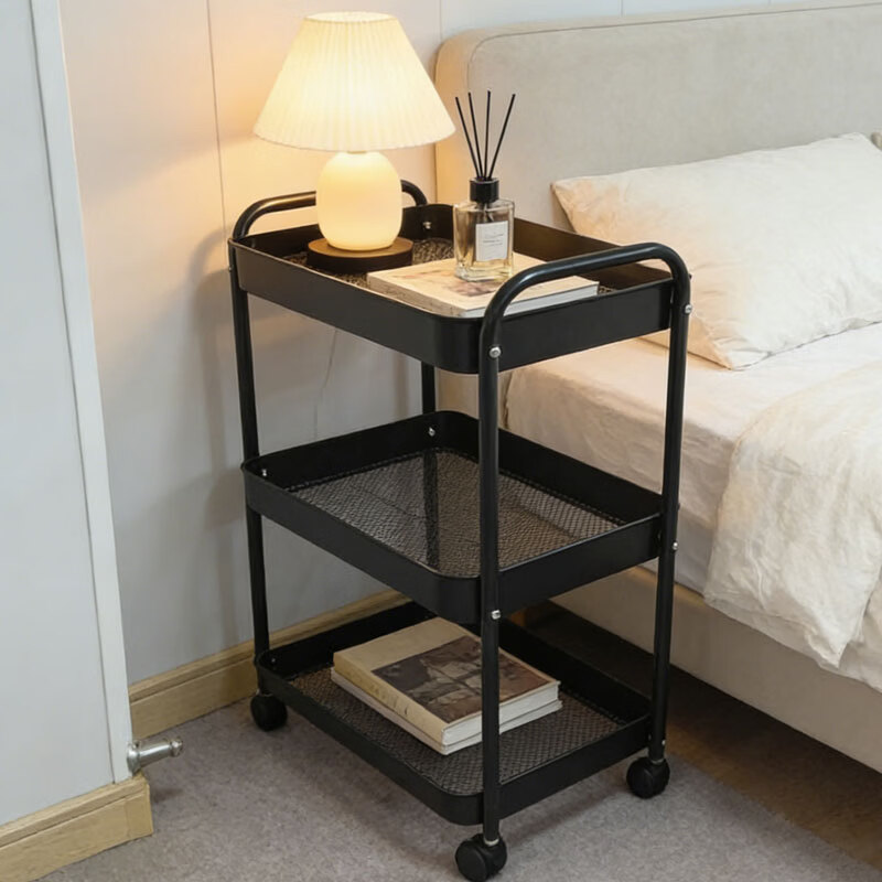 简友探家用可移动收纳置物架 大学生宿舍客厅厨房卫生间浴室杂物收纳 碳钢小推车 3层 41*29.5*73cm 黑色 1个