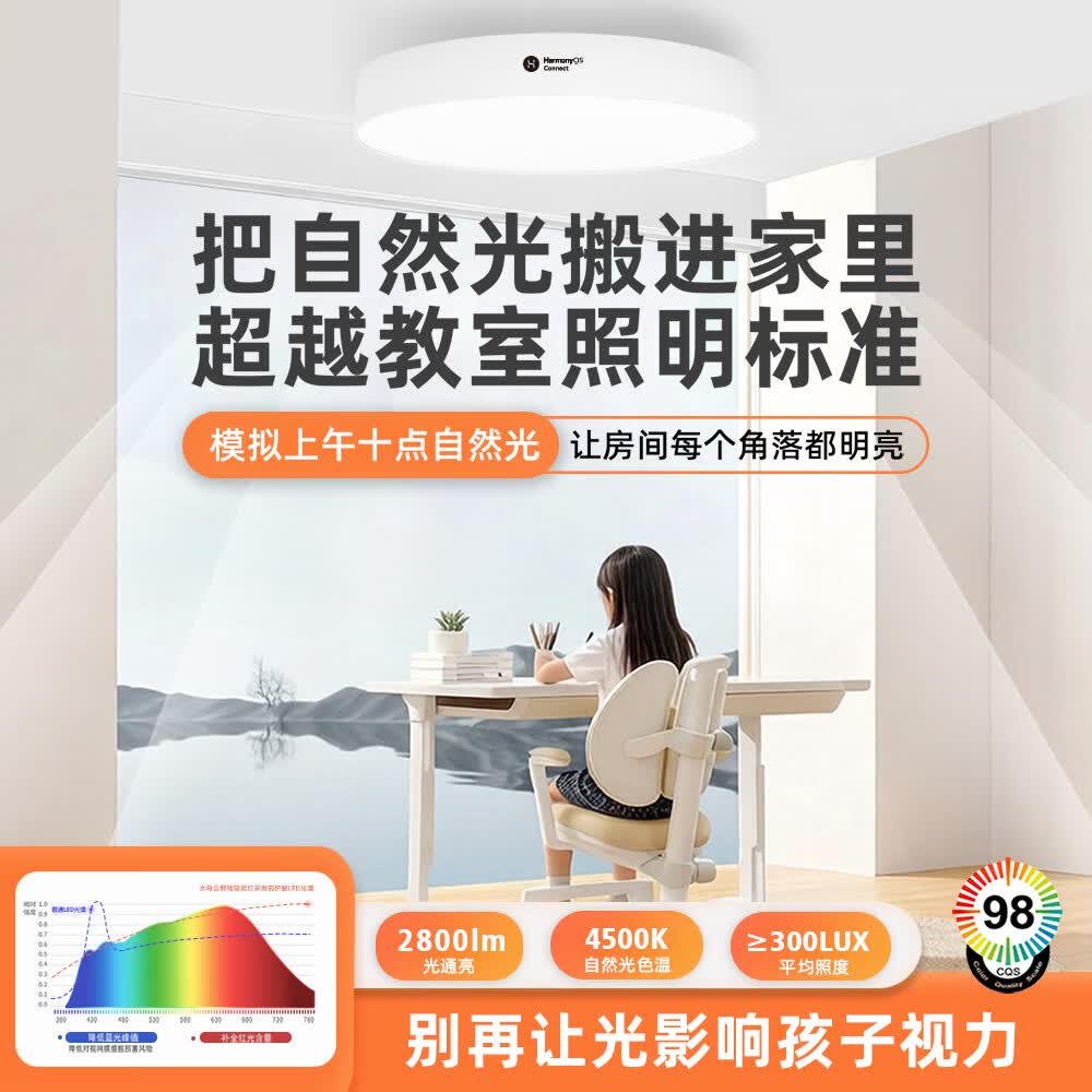 水母云（JELLYFISH TUR）全光谱护眼智能吸顶灯客厅卧室书房儿童房 三防 (支持鸿蒙智联）  33W 20㎡内适用 2800lm 暮雪白【色温和亮度无极调节】 吸顶+餐吊二合一款