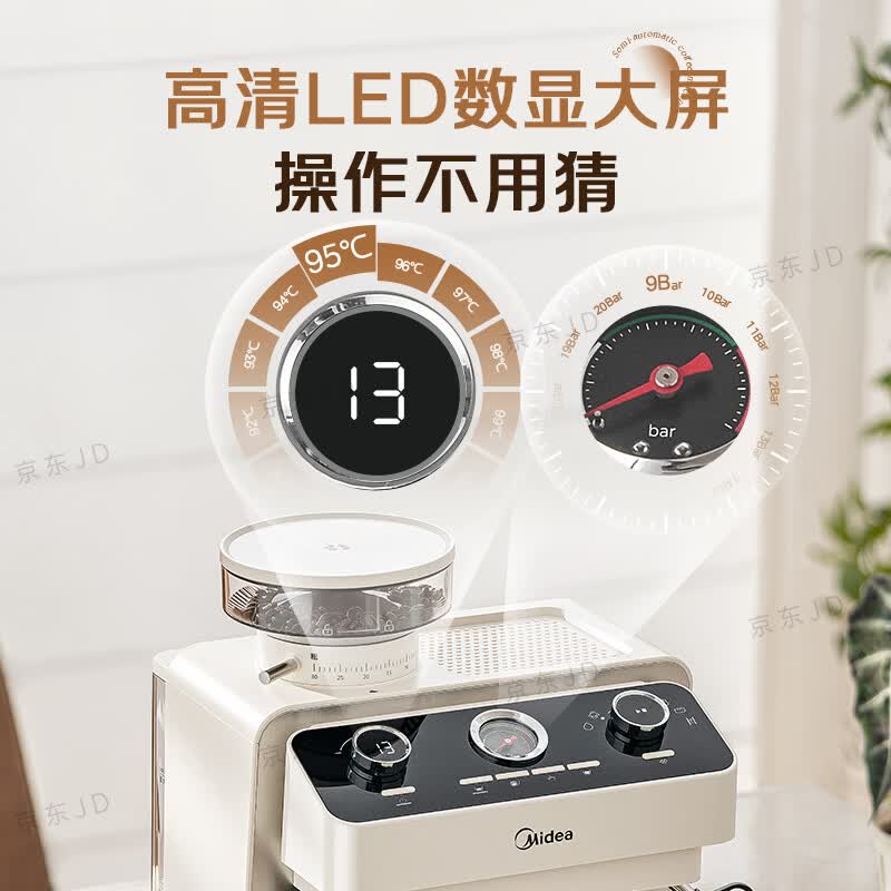 美的（Midea）半自动咖啡机磨豆机冷萃研磨一体机家用意式浓缩双锅炉可视压力30档研磨 【冰川】MA-GEE5800白骑士