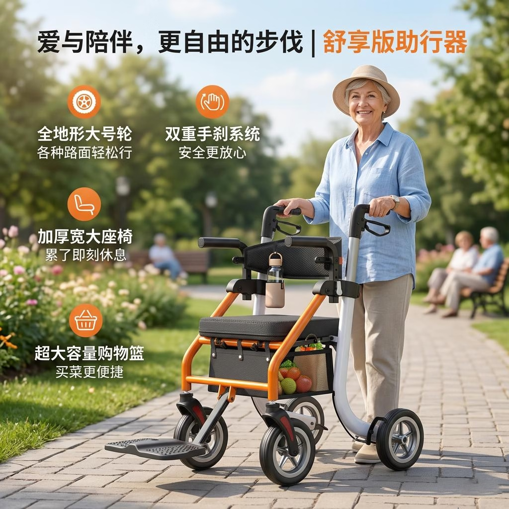 康倍星老人助行器康复拐杖助步器走路防摔辅助行走器车老年人四角拐棍K9 【升级款】折叠小巧+购物小篮+可推行可坐K9