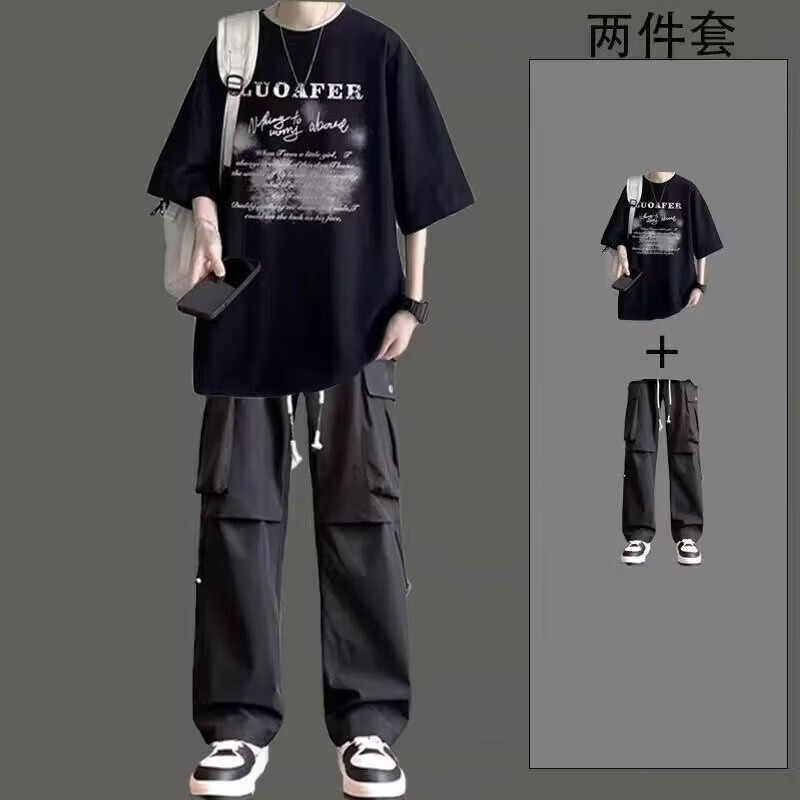 狄保特休闲套装男夏季薄款衣服设计感短袖t恤潮牌一整套酷帅穿搭工装裤  T2182黑色+工装裤黑色【2件套】-S-33