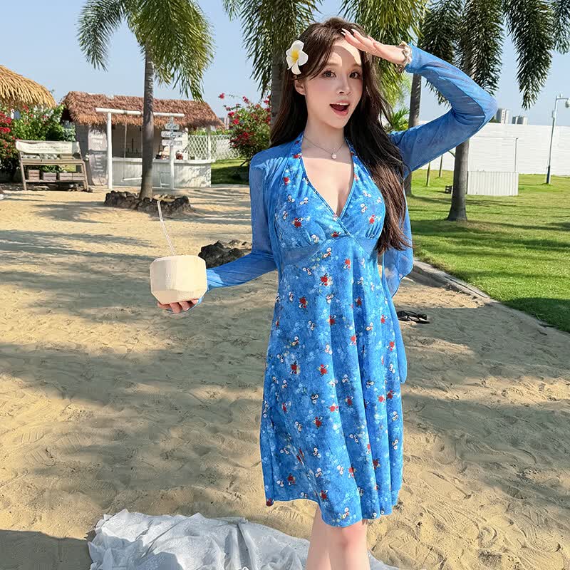 柯帛大码泳衣女比基尼裙式性感分体三件套长袖胖mm显瘦遮肉温泉 蓝色三件套 2XL