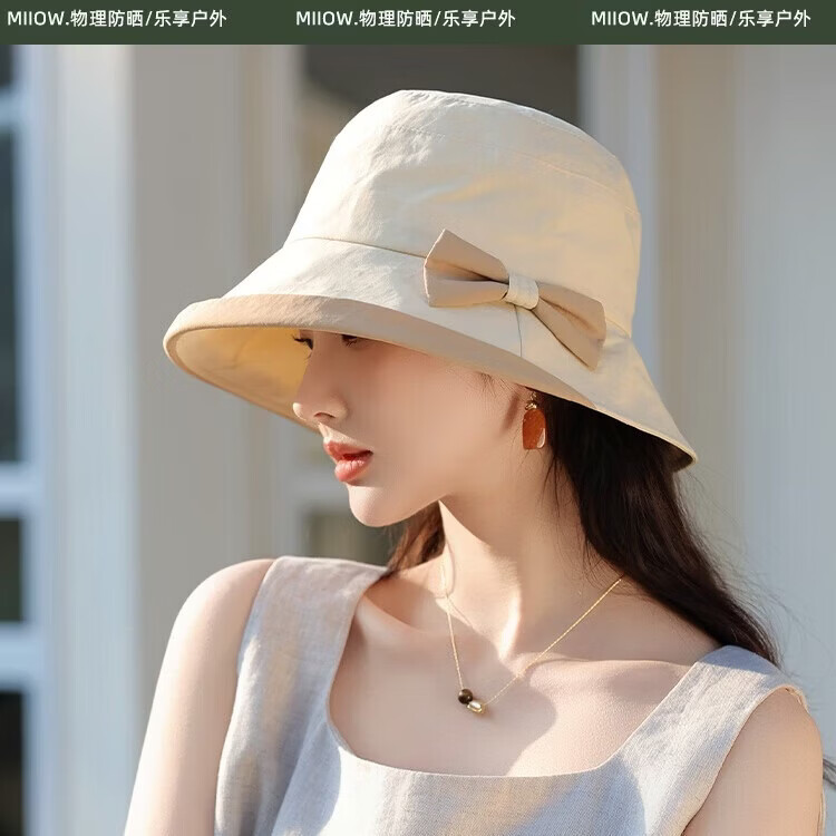 猫人帽子女遮阳防晒帽春季显脸小时尚洋气百搭优雅蝴蝶结太阳帽 米色 均码 （56-59cm)