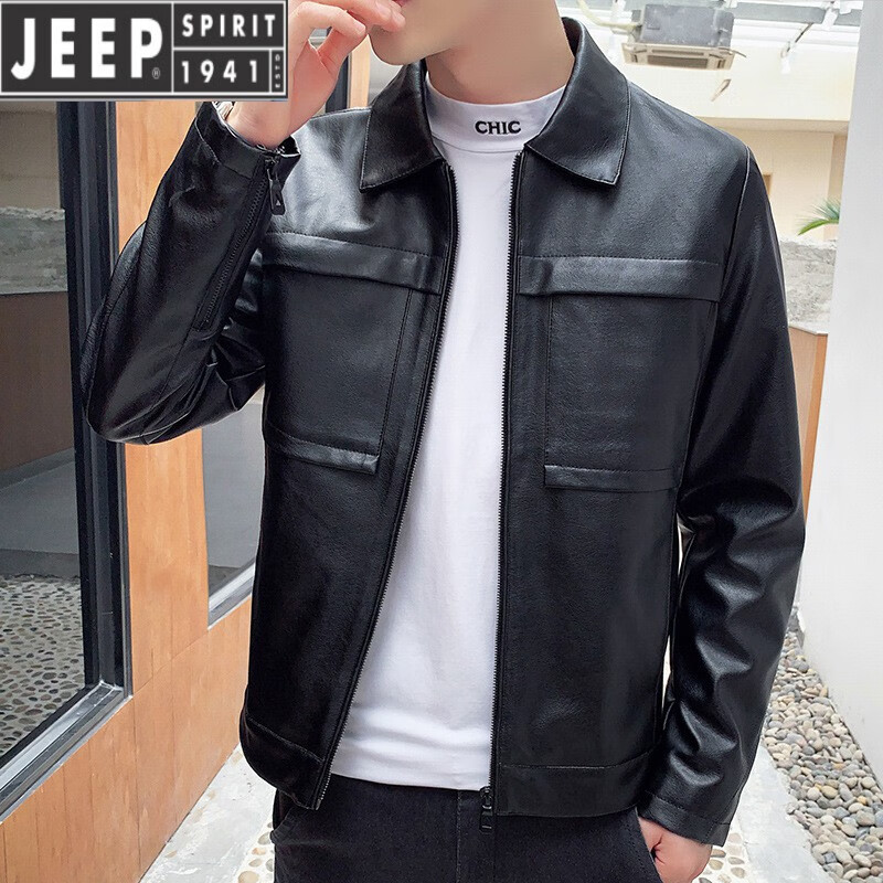 jeep spirit翻领皮夹克男士2024春秋韩版轻熟风帅气上衣服黑色休闲