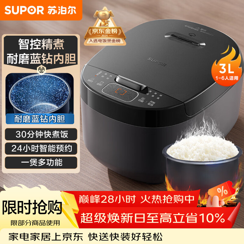 苏泊尔（SUPOR）小电饭煲2-3人3升蓝钻不粘内胆家用电煮锅煮饭煮粥智能预约多功能一锅多用小型微压电饭锅30FC0187