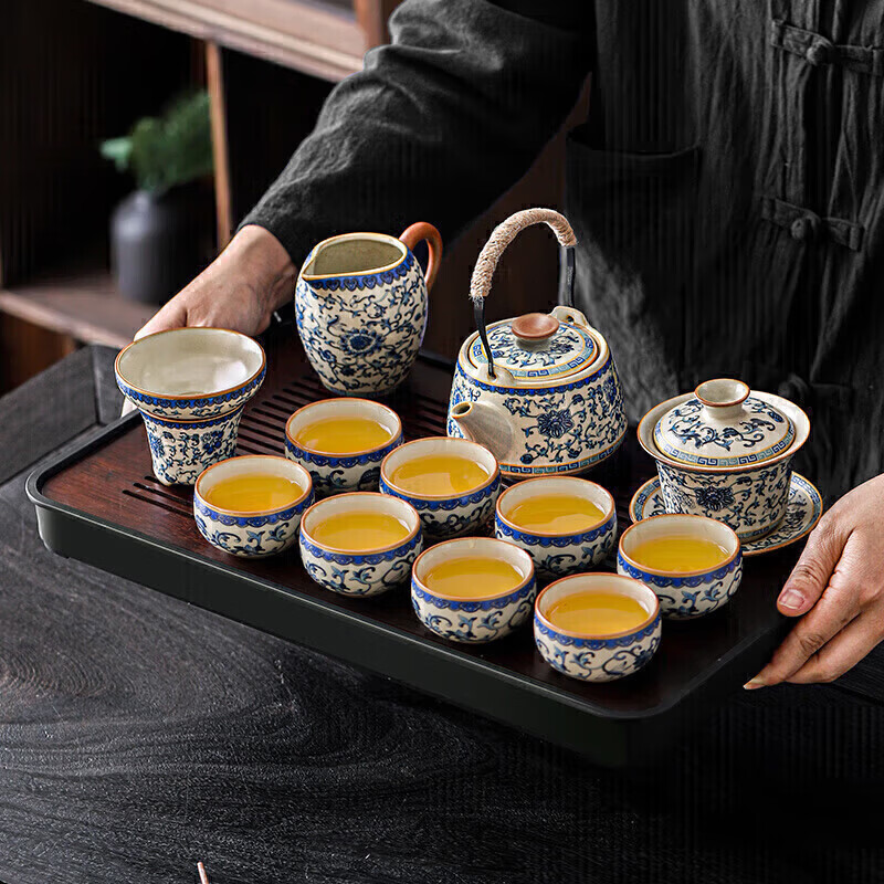 八千行茶具整套泡茶器全套高档功夫茶具套装带茶盘青花汝窑陶瓷茶壶茶杯 青花米黄汝窑提梁壶 12头