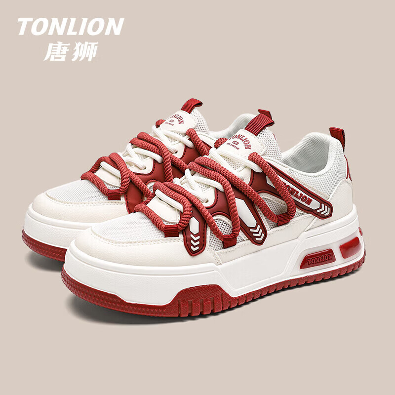 唐狮(TonLion)女鞋2026新款春夏季时尚百搭厚底鞋子女款网面透气运休闲鞋 红白TS20234012W 35