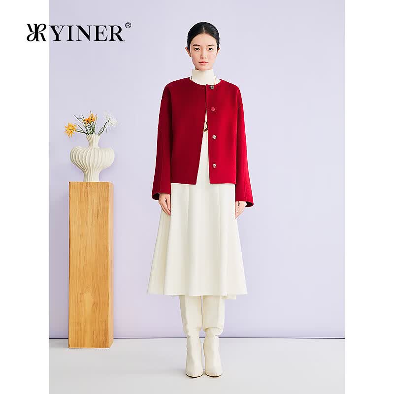 YINER音儿2026春季新款短款澳洲美丽诺羊毛羊绒混纺双面呢外套 樱桃红 S