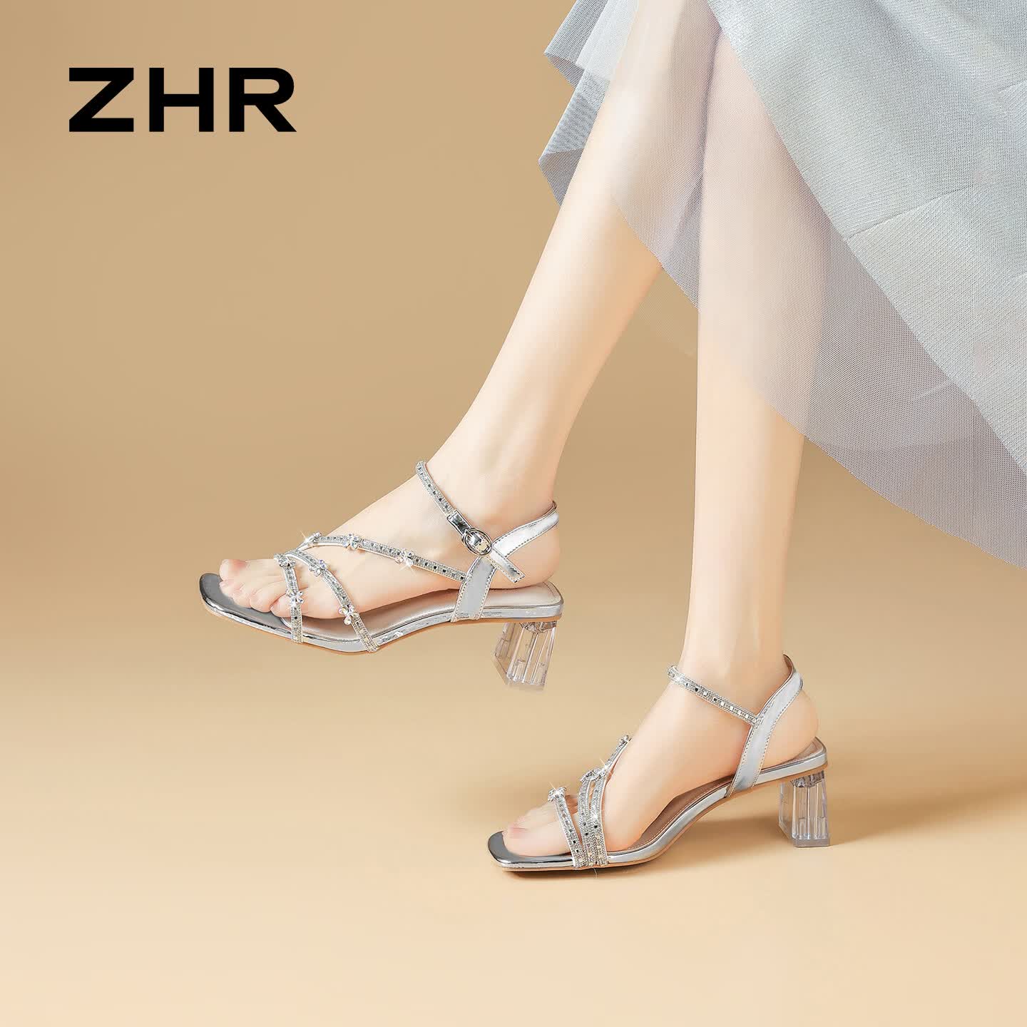 ZHR则则水钻凉鞋女夏季新款蝴蝶结仙女风高跟鞋粗跟软底女鞋KN356银色36