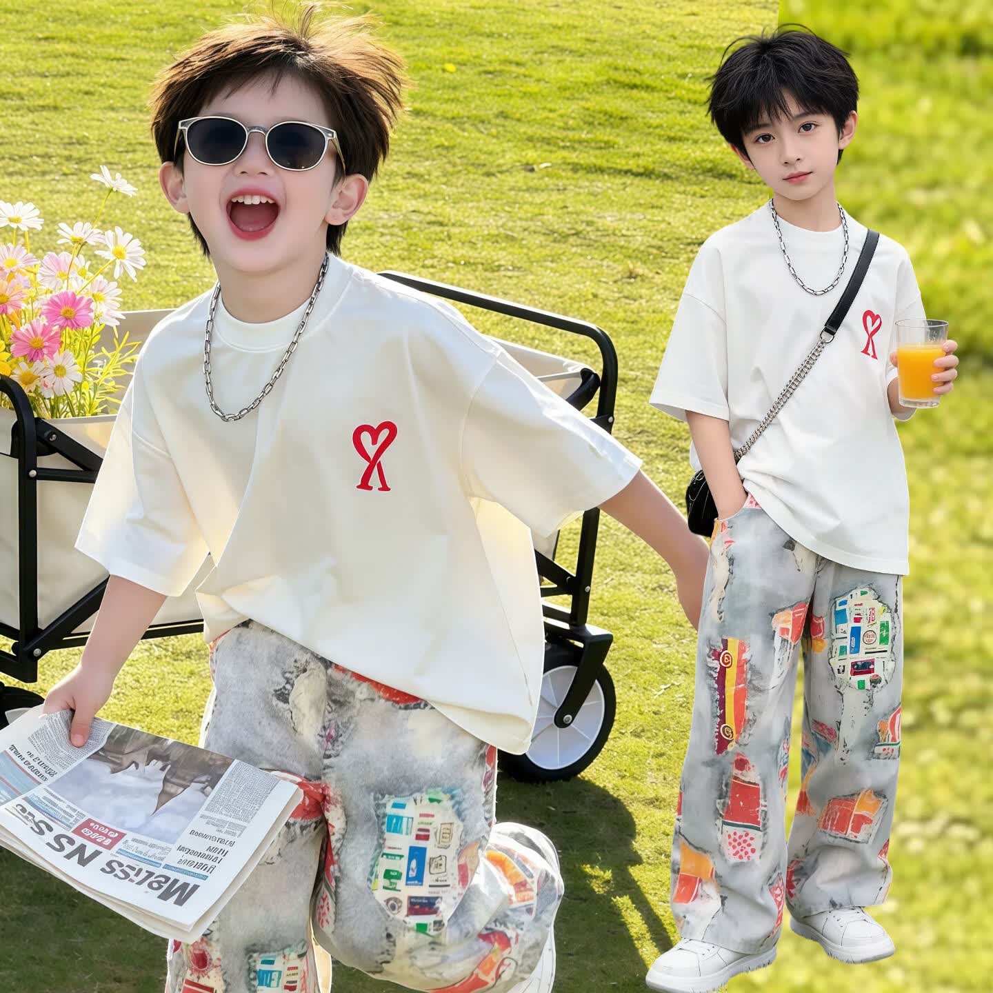 KATULANMAO儿童装男童夏装短袖套装2026新款夏季中大童运动夏款酷帅气时髦潮 白色套装 150