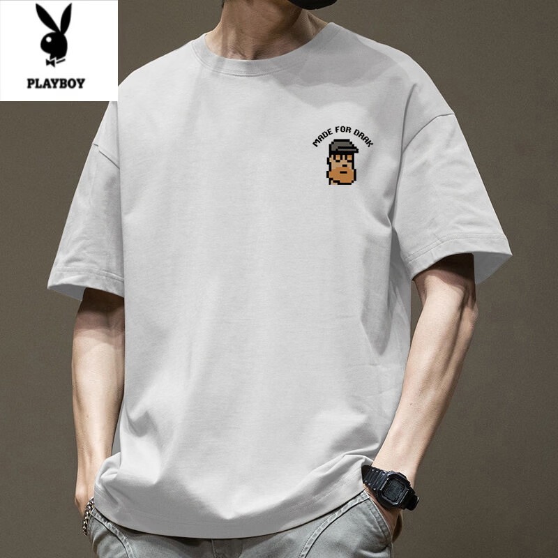 花花公子（PLAYBOY）夏季重磅纯棉短袖t恤男2026新款潮牌潮流宽松大码薄款半袖T恤男装 白色纯棉短袖-3447 M 【建议110-130斤】