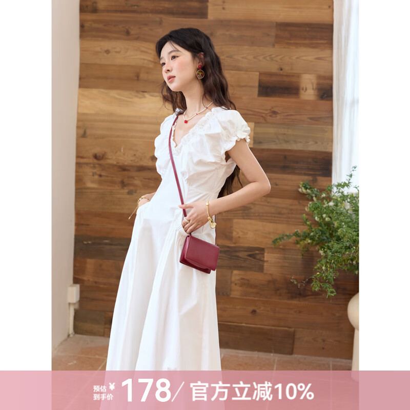 谜秀谜秀木耳边V领收腰法式连衣裙女2026夏季新款女装设计感中长裙子 白色 S