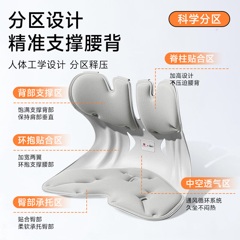 BKT护腰坐垫椅垫久坐神器人体工学腰靠垫美臀靠背垫汽车座椅节日礼物 超大气质灰