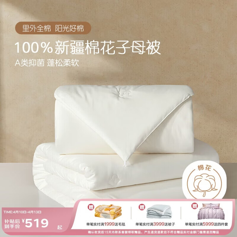 博洋家纺 A类抑菌100%新疆棉花被子二合一子母被芯 约9.2斤220*240cm
